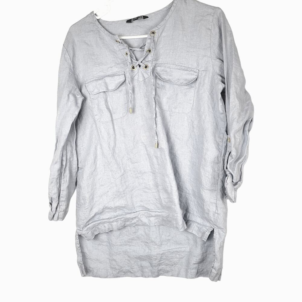 Company Ellen Tracy Long Sleeve Criss-Cross Neck Linen Tunic Top Women's Medium